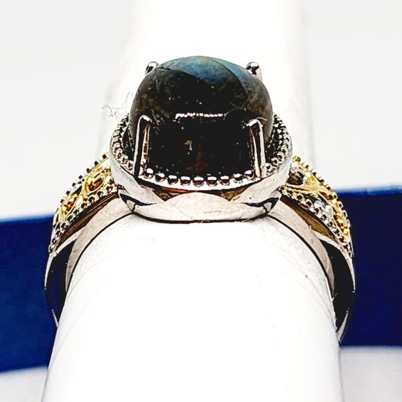 Labradorite solitaire ring in 18K YG & Platinum plated Brass sz 8 5.85 cts - Picture 6 of 6